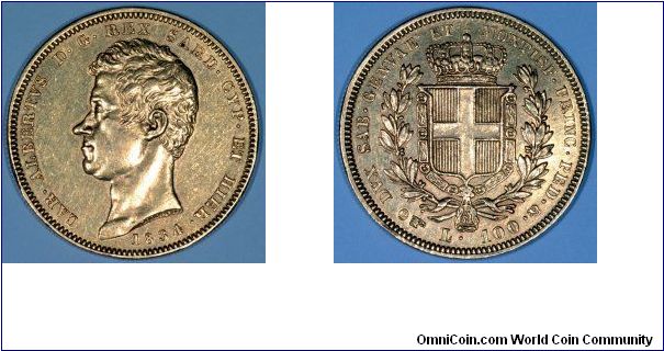 100 Lire of King Carlo Alberto of Sardinia.
The reverese shows the Coat of Arms of the House of Savoy.
Before the unification of Italy about 1861, Italy consisted of many small states, kingdoms, and duchies. This makes the period more interesting for historians and coin collectors alike.
Sardinia was under the rule of the House of Savoy from 1720, and eventually became the core of the unified Italian state.