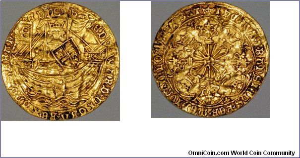 The crown mintmark dates this coin to 1466 - 1467. It is a ryal or rose noble or Edward IV. This was the first English 10 shilling (half pound sterling) coin.
This example has been repaired to replace a broken piece at the top, probably where it was suspended as a touch piece.