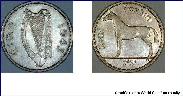 Halfcrowns and florins dated 1943 were minted for Ireland by the British Royal Mint, but were recalled, and theoretically melted as, due to rising silver prices, the Irish government had decided to switch to cupro-nickel instead of silver. As often happens, small numbers of coins escaped the melting pot, and have achieved a near-legendary status as amongst the rarest of Irish coins, the florin being extremely rare, and the halfcrown very rare.