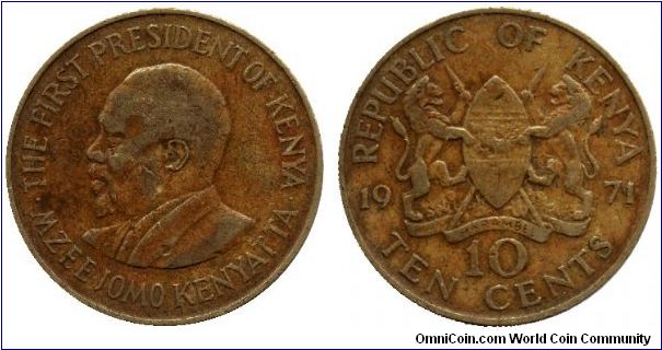 Kenya, 10 cents, 1971, Ni-Brass, Mzee Jomo Kenyatta.                                                                                                                                                                                                                                                                                                                                                                                                                                                                