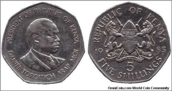 Kenya, 5 shillings, 1985, Cu-Ni, President Daniel Toroitich Arap Moi                                                                                                                                                                                                                                                                                                                                                                                                                                                