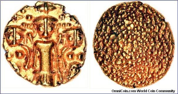 Indian gold pagoda, issued 1740 - 1807, by the Madras Presidency under British rule. Diameter is about 12 - 14 mms, weight about 3.35 grams.
Known as three Three Swami obverse design, the reverse is simply a stippled pattern of dots. The coins are quite convex.