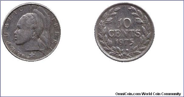 Liberia, 10 cents, 1975, Cu-Ni.                                                                                                                                                                                                                                                                                                                                                                                                                                                                                     