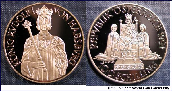 1991 Austria 100 Schillings Proof.  Rudolf I .900 Silver Mintage 75,000.