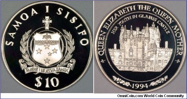This is strictly a coin from Western Samoa not Samoa, as the did not change its name until 1997.
This coin is a silver proof crown issued as part of an international collection to celebrate the Queen Mother as Lady of the Century. The reverse shows Glamis Castle.