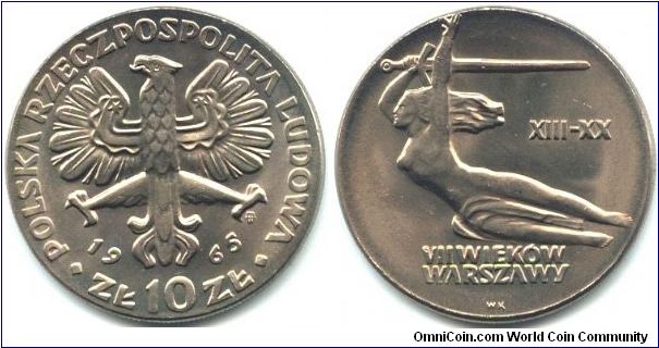 Poland, 10 zlotych 1965.
700th Anniversary of Warsaw.