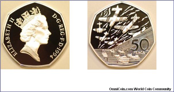 Planes on coins.
This UK fifty pence celebrates the fiftieth anniversary of D-Day. They were issued in cupro-nickel, silver proof, and gold proof versions.