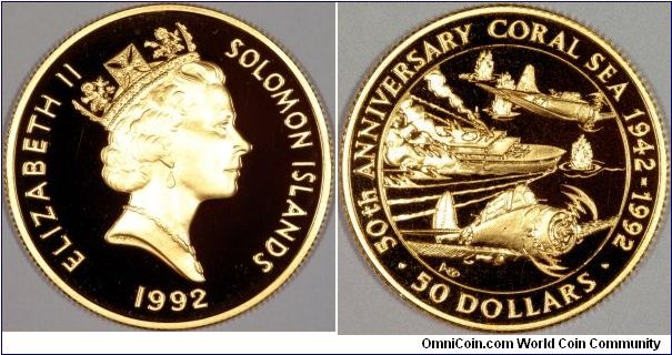 The $50 features the burning Shoho. A Devastator torpedo bomber can be seen in the foreground returning from its mission.
Part of a 4 coin gold proof set to commemorate the fiftieth anniversary of The Battle of the Coral Sea.