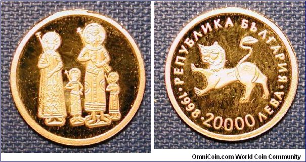 1998 Bulgaria 20,000 Leva Proof
Tetraevangelia of Tzar Ivan Alexander

Year of issue: 1998
Nominal value: 20 000 levs
Weight: 1.55
Type of metal: gold Au 999/1000
Diameter: 13.92mm
Mintage: 30 000
Edge: flat