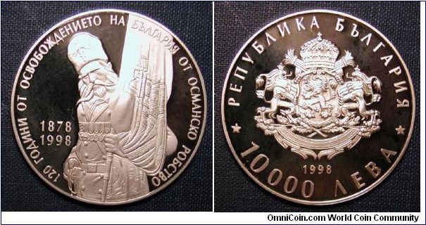 1998 Bulgaria 10,000 Leva Proof

 120 Years of Liberation from the Turks

 

KM # 234

Year of issue: 1998
Nominal value: 10 000 levs
Weight: 23.33 g
Type of metal: Ag 925
Diameter: 38.61 mm
Mintage: 20 000
Edge: flat
Uncirculated. Proof
