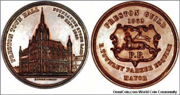 Another Preston Guild medallion. This is in copper, and dated 1862. The obverse shows a view of the town hall, better than any photograph, and the reverse has the coat of arms, and the name of the Mayor R. Townley Parker.