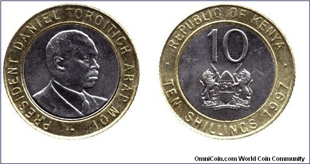 Kenya, 10 shillings, 1997, President Daniel Toroitich Arap Moi, bi-metallic.                                                                                                                                                                                                                                                                                                                                                                                                                                        