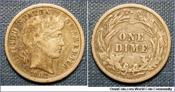 1902 Barber Dime (toned)