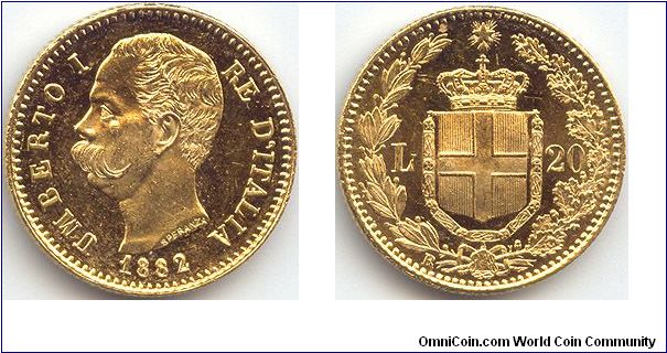 Italy, 20 Lire, 1882 Gold