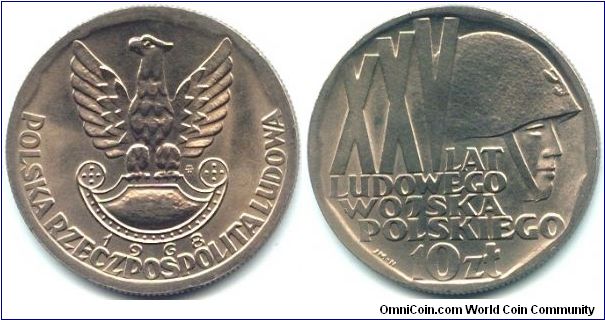 Poland, 10 zlotych 1968.
25th Anniversary - Peoples Army.