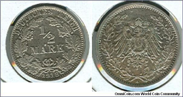 1918 German 1/2 mark. Repunched date.