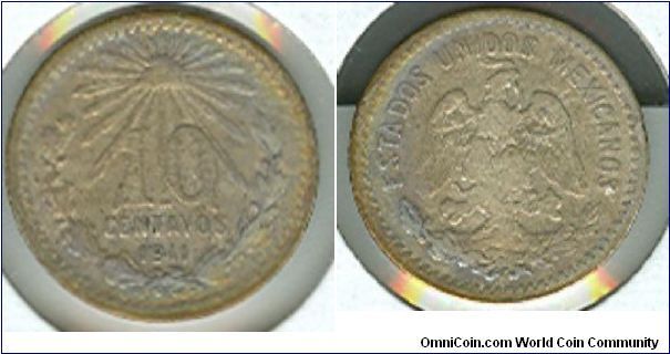1911 Mexico 10 centavo, toned.