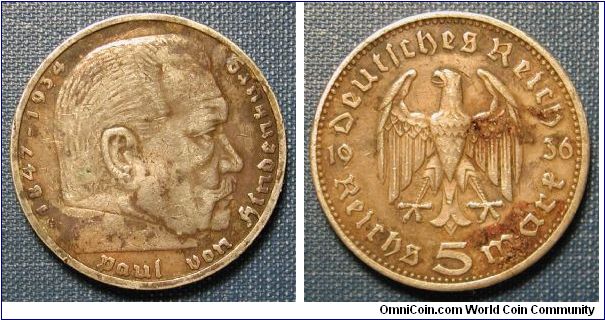 1936-G Nazi Germany 5 Marks