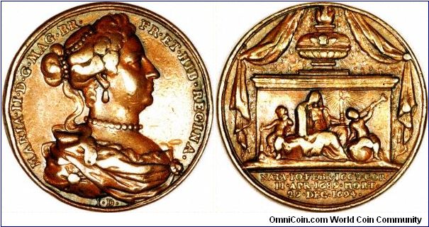 Official commemorative copper medallion for Queen Mary II. The reverese inscription  informs us that she was born 10th February 1662, crowned 11th April 1689, and died 29th December 1694.