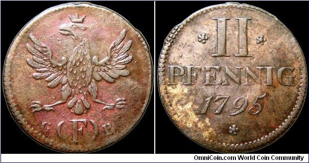 2 Pfennig, Frankfurt. The colors are accurate.                                                                                                                                                                                                                                                                                                                                                                                                                                                                      