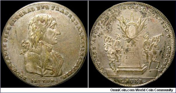 Treaty of Campo-Formio. A young Napoleon Bonaparte head. Silvered brass. (France)                                                                                                                                                                                                                                                                                                                                                                                                                                   