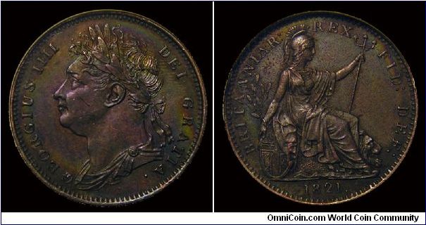 1821 Great Britain Farthing, George IV. Dot after date variety. In ANACS slab UNC details, Net graded AU-50 due to scratch on George's cheek and corrosion on the reverse. Colorful toning. KM.677, Spink 3822.