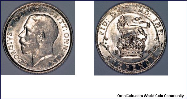 Lion standing on crown on sterling silver sixpence of George V.
