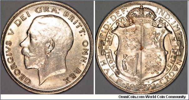 50% silver halfcrown of George V, showing some stubborn staining particularly on the reverse. This probably would not have affected the earlier 92.5% silver coins.
Part of the staining appears to emanate from a metal flaw near the centre.