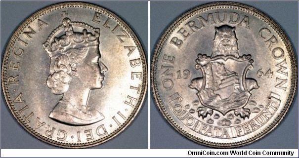 Bermuda was discovered in 1503 and became a British Crown colony in 1684. It used sterling currency until 1970 when it decimalised. The 1964 crown is one of only two pre-decimal coins ever issued by Bermuda. 
We still don't know what this particular crown was issued for.