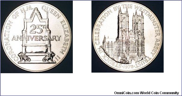 Official silver medallion for the Silver Wedding of Queen Elizabeth II and Prince Philip, showing Westminster Abbey, and the throne.