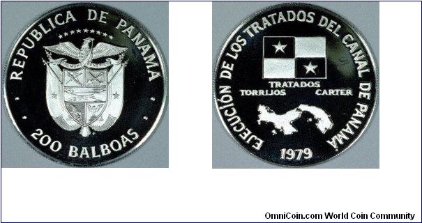 Proof platinum 200 balboas for the implementation of the Panama Canal treaty.