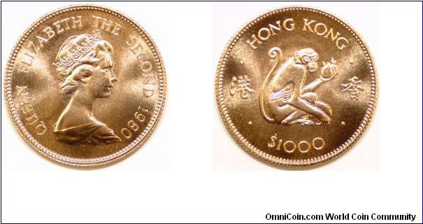 Hong Kong gold $1,000 Year of the Monkey. There is also a proof version. Part of a complete series of Chinese lunar calendar coins issued shortly before the handing back of HK to China.