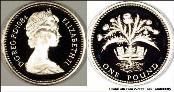 First of the series of National reverse designs on the British pound coins. This one has an eradicated (uprooted) thistle with the Royal Diadem. The edge is lettered NEMO ME IMPUNE LACESSIT
Which may be translated as No-one provokes me with impunity.