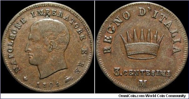 3 Centesimi, Napoleonic Kingdom of Italy. Milan mint.                                                                                                                                                                                                                                                                                                                                                                                                                                                               