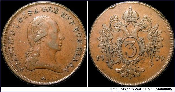 3 Kreutzer, Vienna mint. Compared to the 1800 3 kr. this is 2mm larger and 1mm thicker.                                                                                                                                                                                                                                                                                                                                                                                                                             
