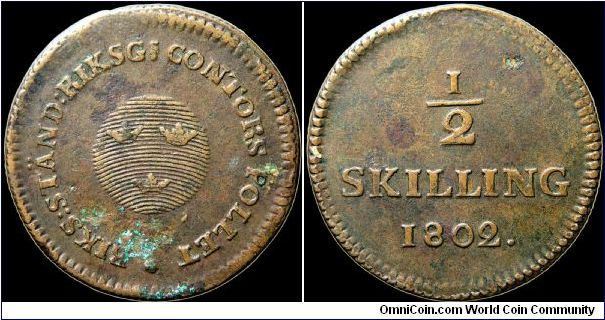 ½ Skilling. Actually a bank token though it apparently circulated as currency.                                                                                                                                                                                                                                                                                                                                                                                                                                      