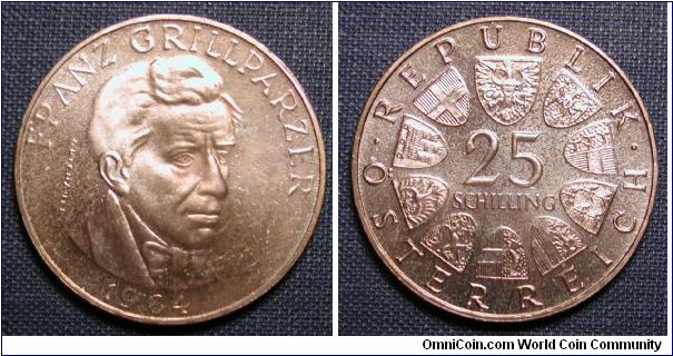 1984 Austria 25 Schilling Silver Franz Grillparzer