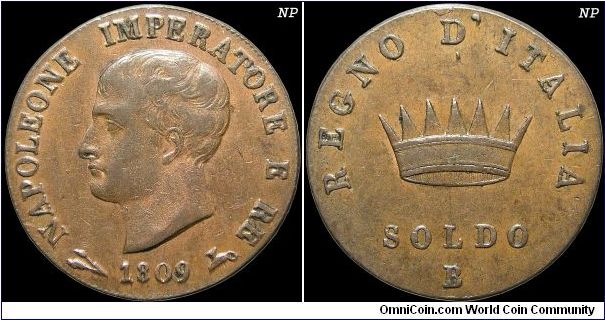 Soldo, Napoleonic Kingdom of Italy. Bologna mint.                                                                                                                                                                                                                                                                                                                                                                                                                                                                   