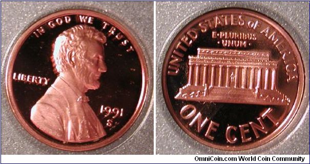1991-S Lincoln Memorial Cent Proof from Prestige Proof Set.