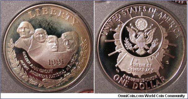 1991-S Mount Rushmore Commemorative Silver Dollar Proof from Prestige Proof Set.