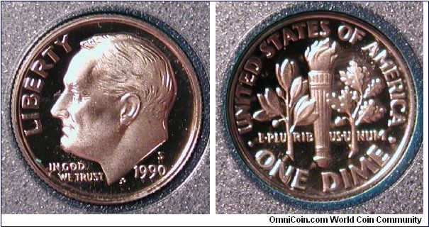 1990-S Roosevelt Dime Proof from Prestige Proof Set.