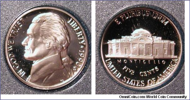 1990-S Jefferson Nickel Proof from Prestige Proof Set.