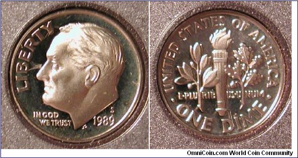 1989-S Roosevelt Dime Proof from Prestige Proof Set.