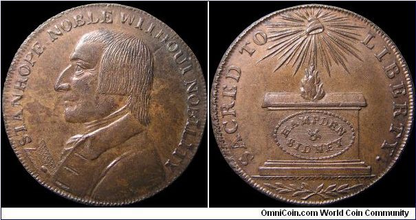 ½ Penny Conder token. Stanhope was a philanthropist and a commoner, not a common combination.                                                                                                                                                                                                                                                                                                                                                                                                                       