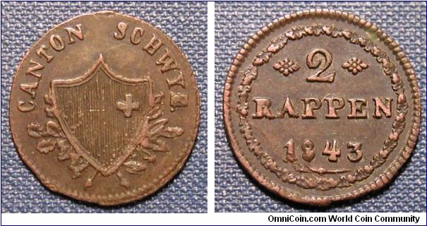 1843 Swiss Canton Schwye 2 Rappen
