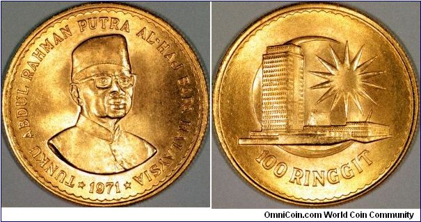 Tunku Abdul Putra Al-Haj Bapa Malaysia reads the legend of this Malaysian 100 Ringgit. Tunku Abdul Putra Al-Haj is known as the father of Malaysian independence.