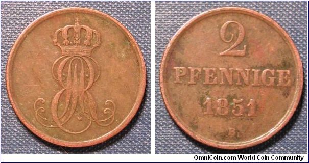 1851-B German States Hannover 2 Pfennig