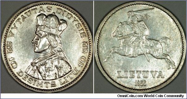Grand Duke Vytautas on Obverse of 1936 Ten Litu Coin. The reverse shows Vytis, (The White Knight), symbol of Lithuania (Lietuva), which is part of its national flag.