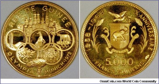 Guinea issued an impressive proof set of four gold and four silver coins in 1969 and 1970 for the 10th anniversary of its independence in 1968. 
Each coin has its own different design, which adds to the attraction of the set. It is a rare set which we only see very infrequently.