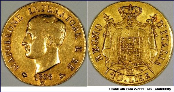 Napoleon Bonaparte as Emperor and King on obverse of Kingdom of Napoleon (Italian States) 40 lire gold coin.